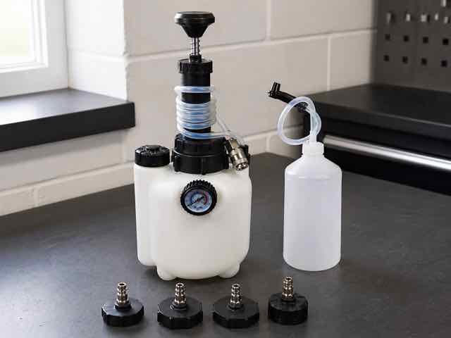 3 L Brake Fluid Replacement Reservoir With Four Adapters in use