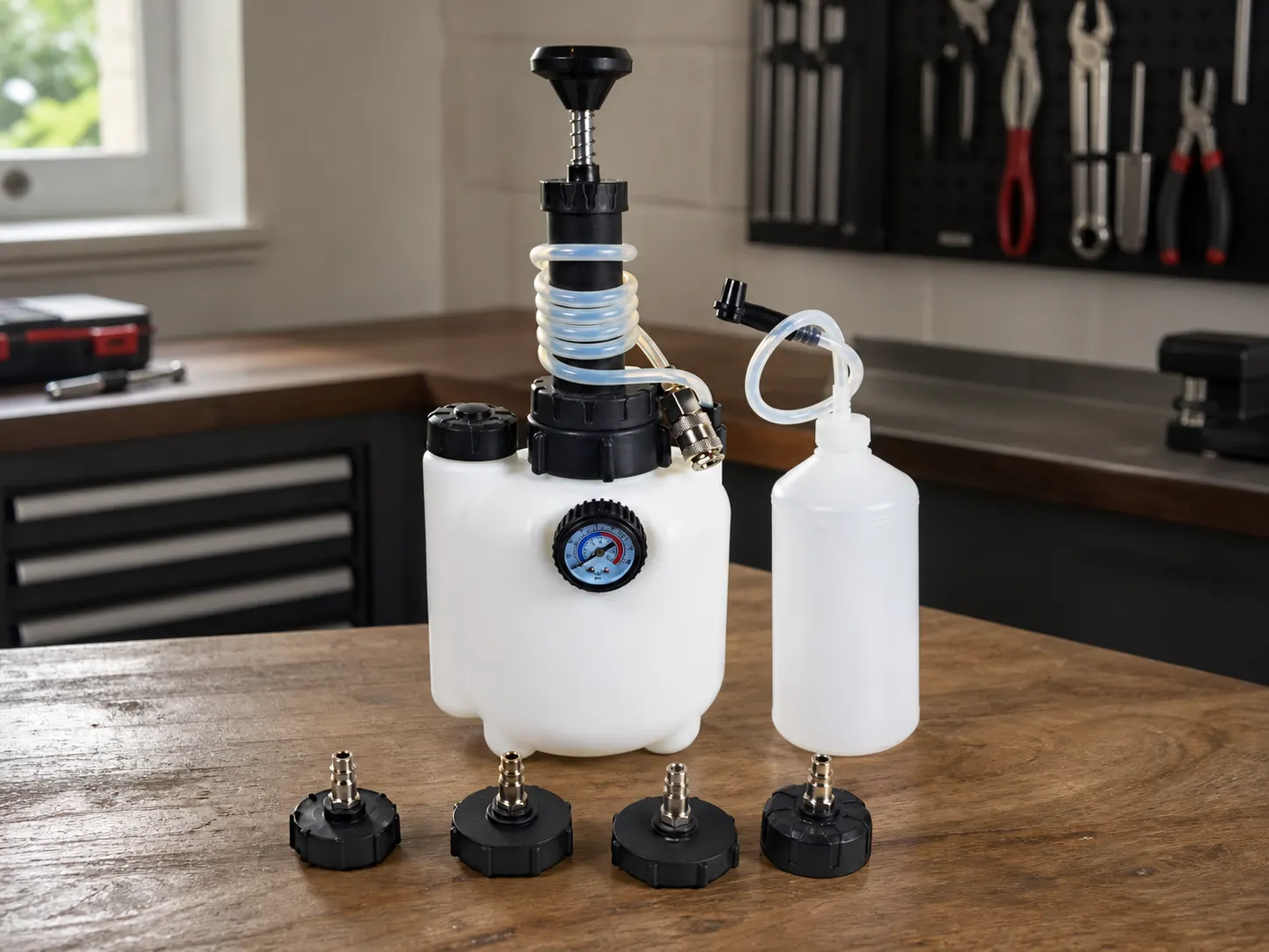 3 L Brake Fluid Replacement Reservoir With Four Adapters in use