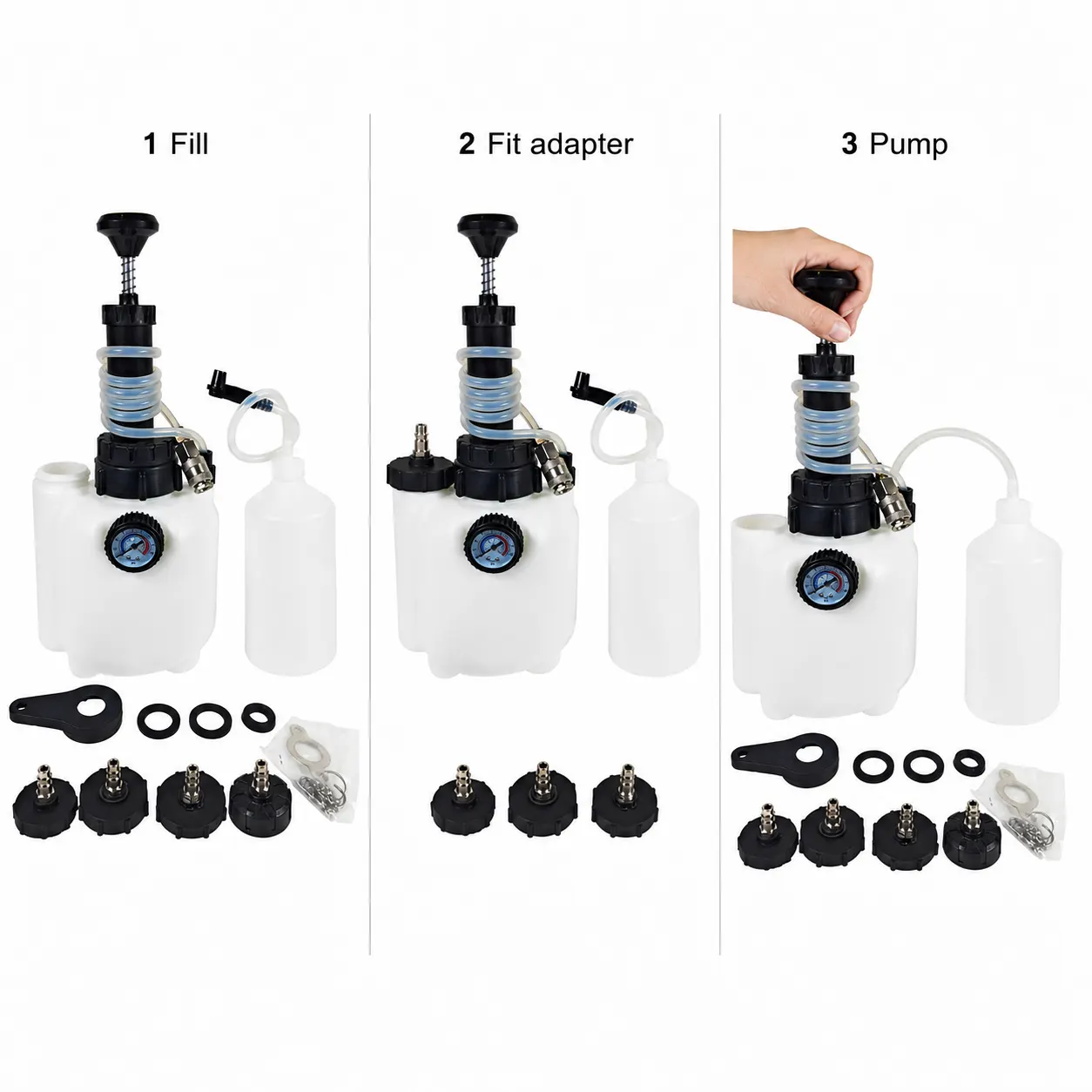 3 L Brake Fluid Replacement Reservoir With Four Adapters setup and use views
